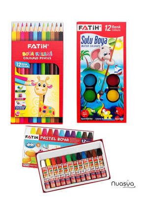 Nuasya 3'lü Boya Seti – 12 Renk Kuru Boya + 12 Renk Pastel Boya + 12 Renk Sul...