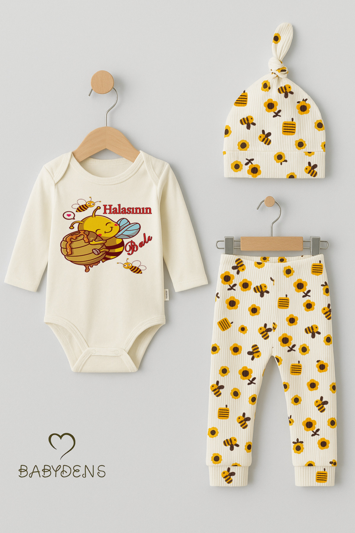BABYDEN'S Halasının Balı 3’lü Yenidoğan Takım %100 Pamuk Uzun Kol Body,Çiçek Arı Desenli Ribana Pantolon,Bere fotoğrafı 3 (önizleme)