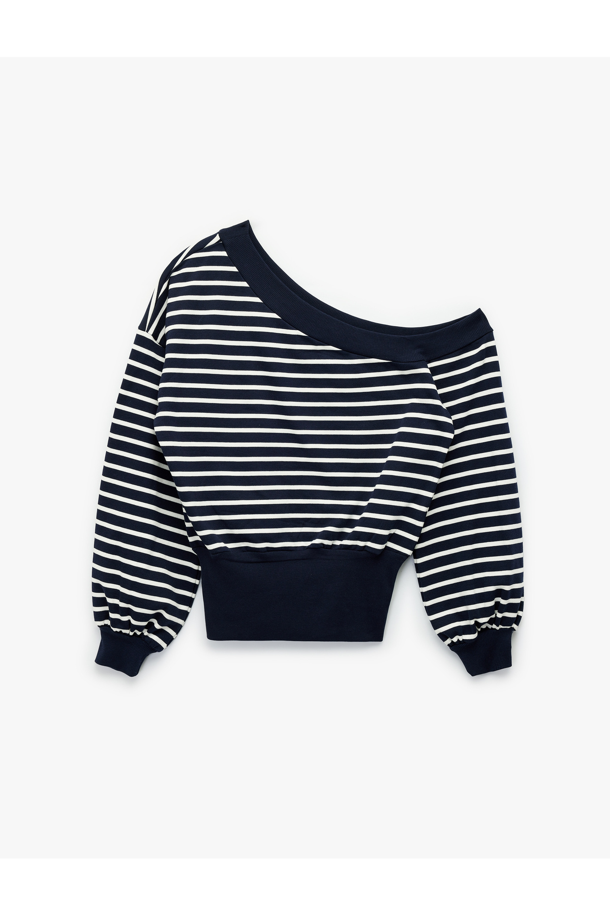 Koton Çizgili Uzun Kollu Kayık Yaka Rahat Kalıp Omzu Açık Crop Sweatshirt