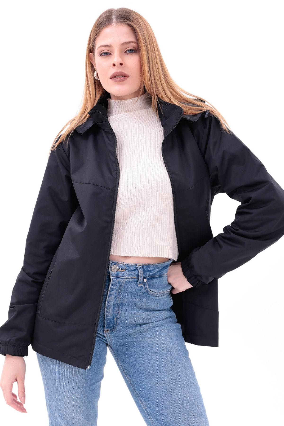 freemen  Kadın Siyah Çıkarılabilir Kapşonlu Yağmurluk Mont - Görsel 4