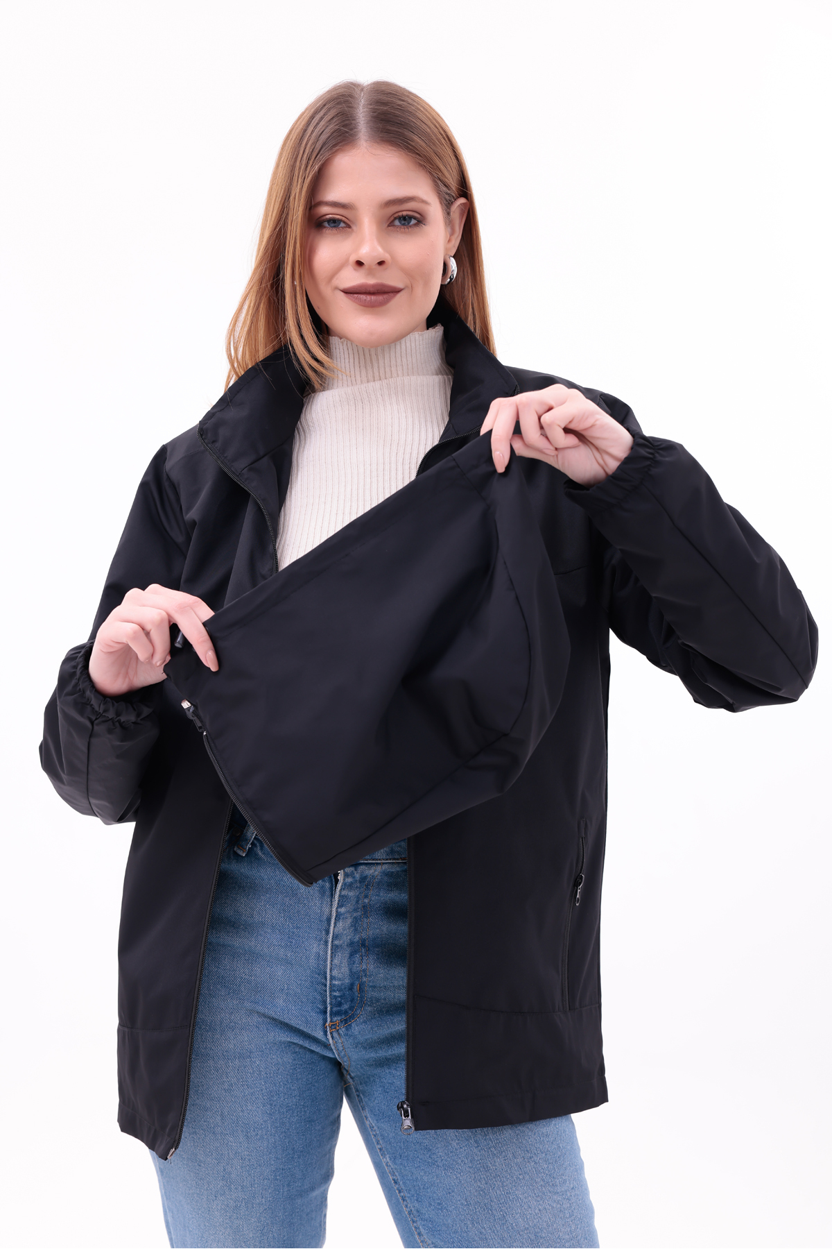 freemen  Kadın Siyah Çıkarılabilir Kapşonlu Yağmurluk Mont - Görsel 3