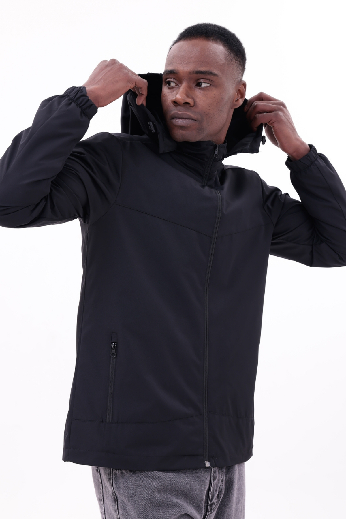 freemen  Erkek Siyah Çıkarılabilir Kapşonlu Yağmurluk Mont - Görsel 6