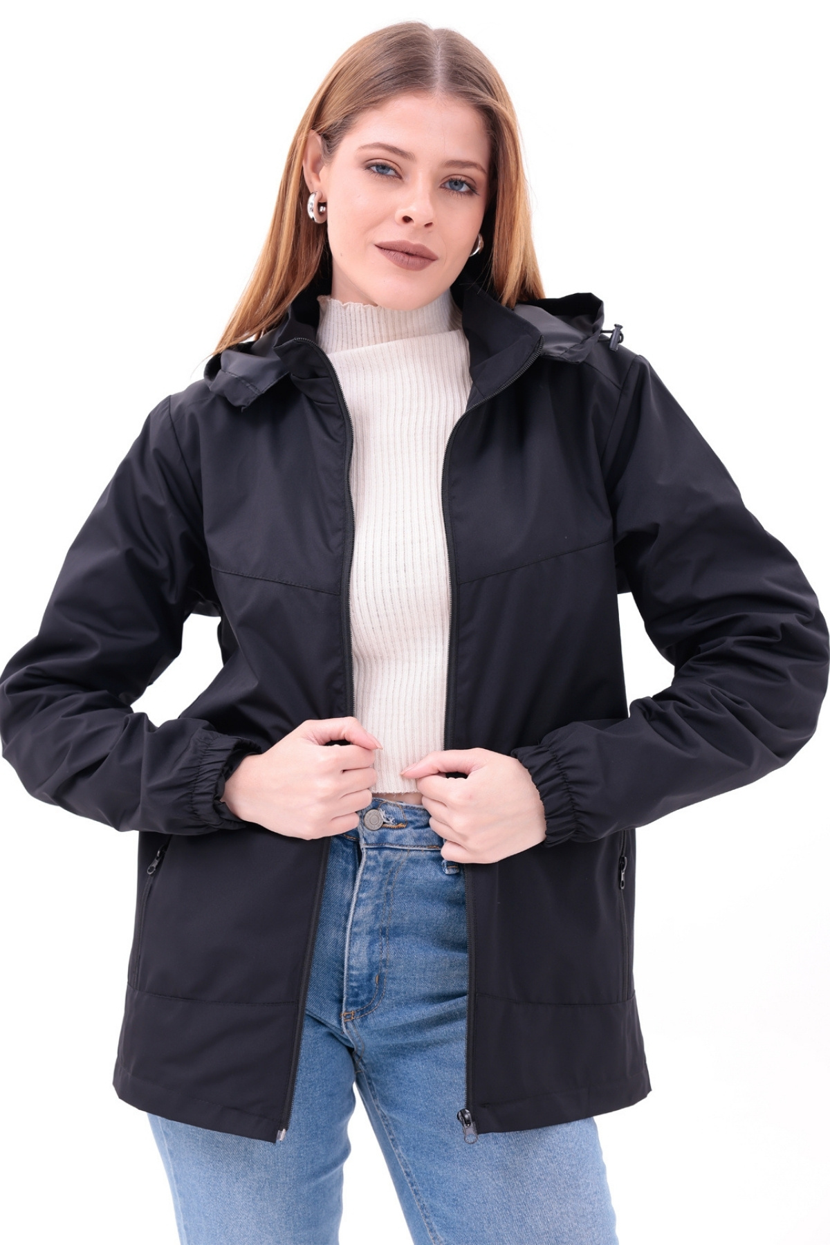 freemen  Kadın Siyah Çıkarılabilir Kapşonlu Yağmurluk Mont - Görsel 6