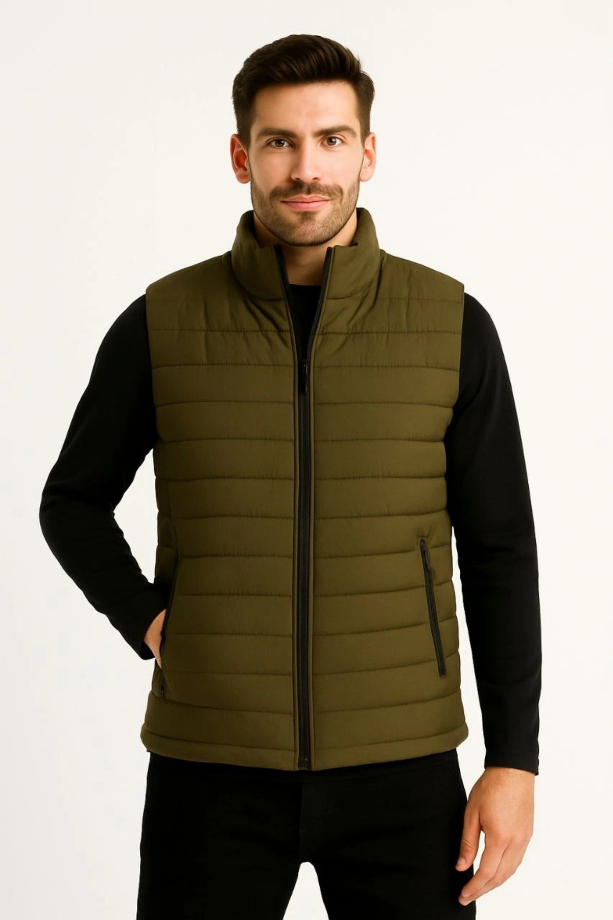 pilelistore Şişme Fermuarlı Yelek Su itici Kapitone Astarlı Kumaş Cepli Hafif Kışlık Spor Rahat Kalıp - Haki fotoğrafı 4 (önizleme)