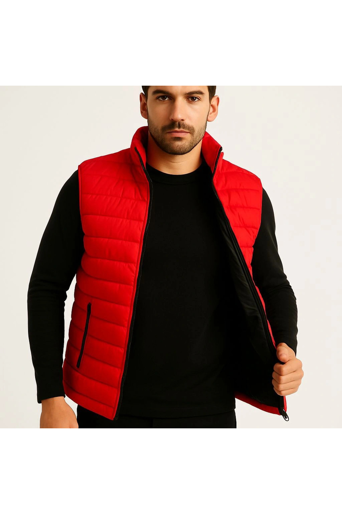pilelistore Şişme Fermuarlı Yelek Su itici Kapitone Astarlı Kumaş Cepli Hafif Kışlık Spor Rahat Kalıp - Kırmızı fotoğrafı 3 (önizleme)