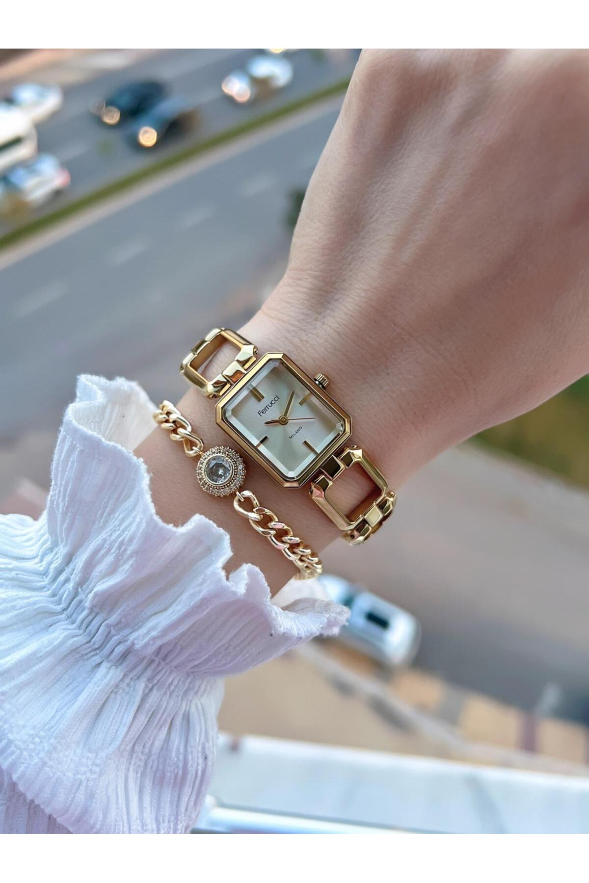 Ferrucci  Küçük Vintage Kasa Çelik Kordon 2 Yıl Garantili 3 Atm Kadın Kol Saati+Bileklik FY.03603.4 - Görsel 3