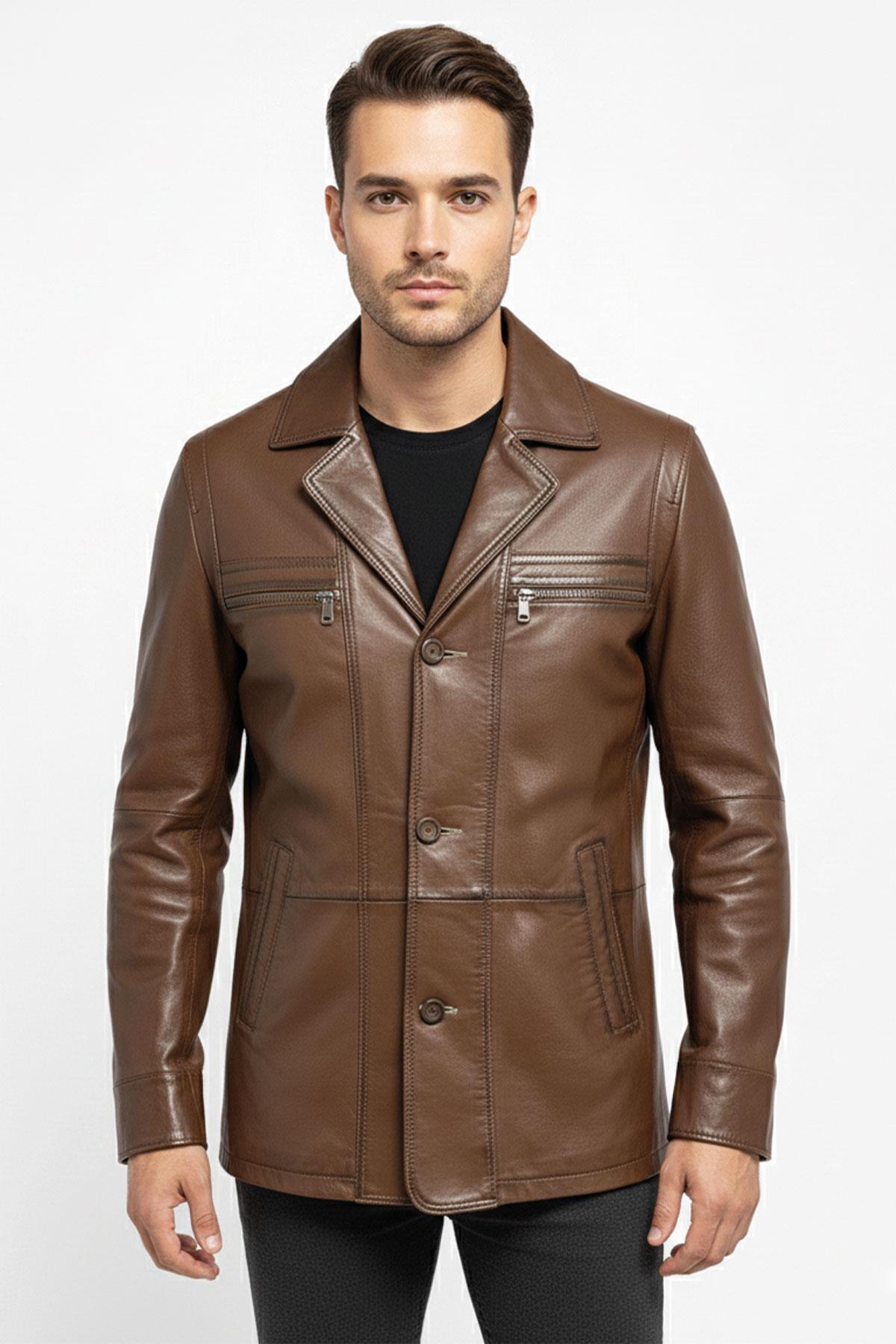 Deriderim  Konyak Wiliam Düğme Kapamalı Göğüste Fermuarlı Cep Detaylı Astarlı Erkek Hakiki Deri Ceket