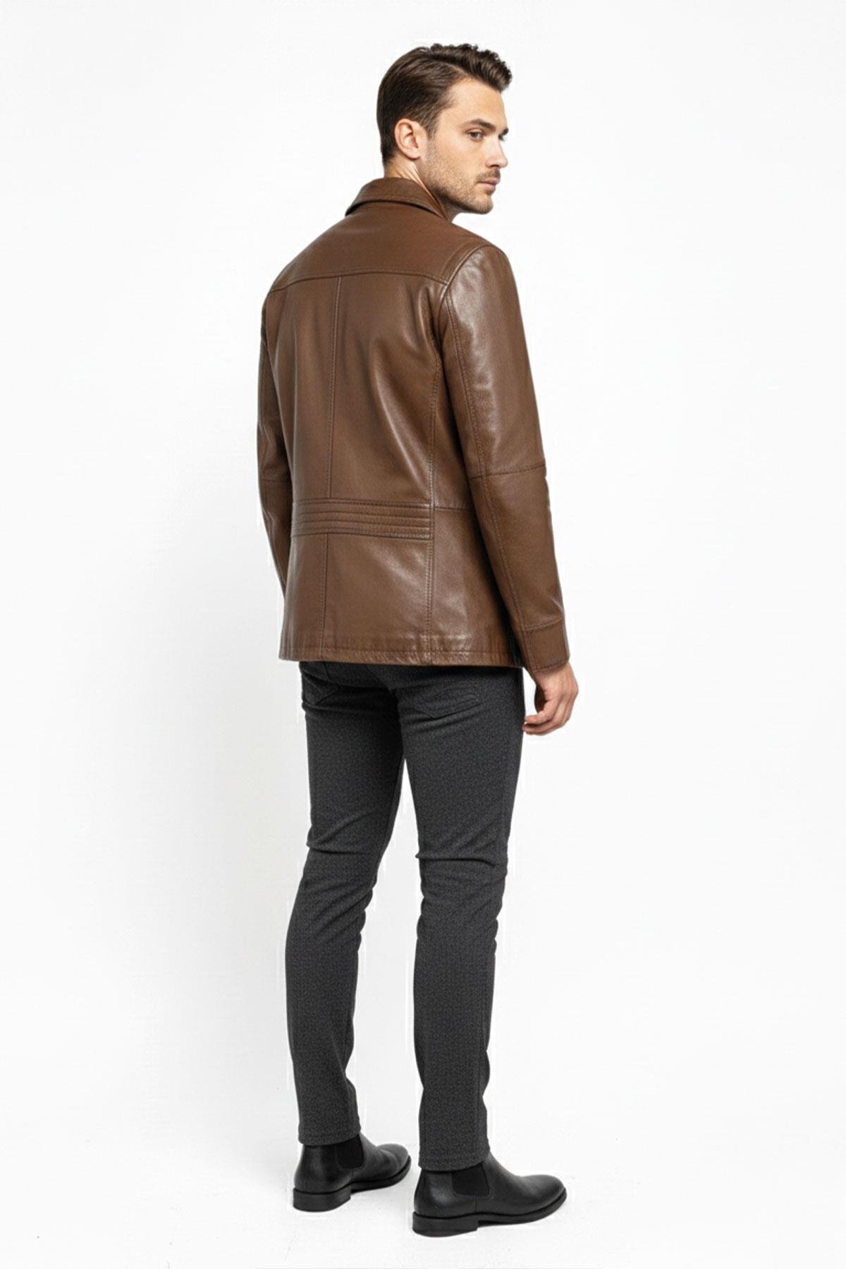 Deriderim  Konyak Wiliam Düğme Kapamalı Göğüste Fermuarlı Cep Detaylı Astarlı Erkek Hakiki Deri Ceket - Görsel 5
