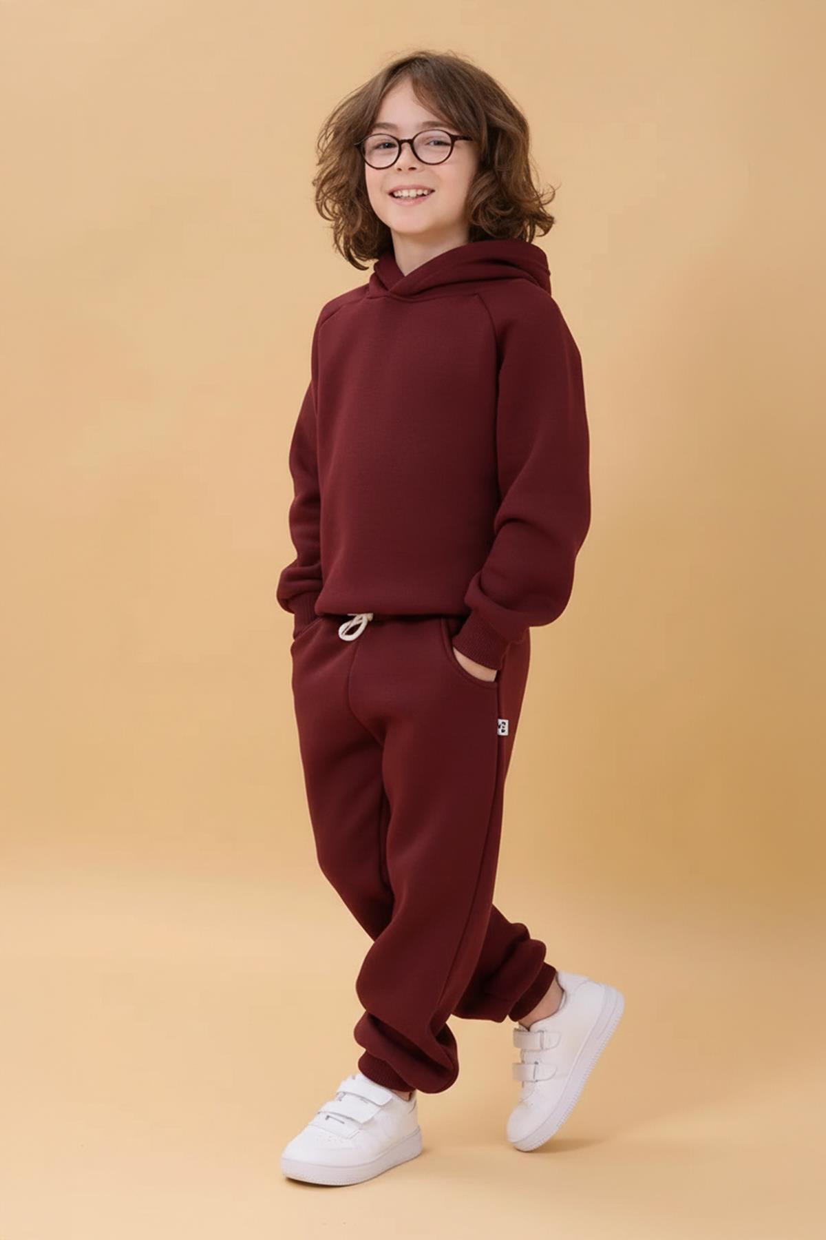 Perendi Reglan Sleeve Hooded Unisex Children's Suit with Fleece Inside Burgundy