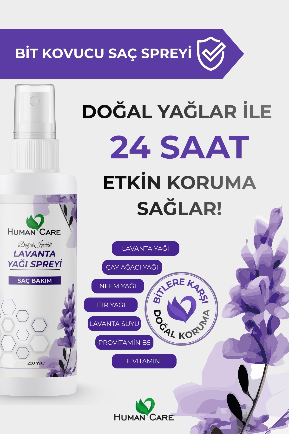 Lavanta Yağı Saç Spreyi - Bit Kovucu Saç Spreyi - Itır, Neem, Çay Ağacı — 8684663765883 — تصویر 2 از 5
