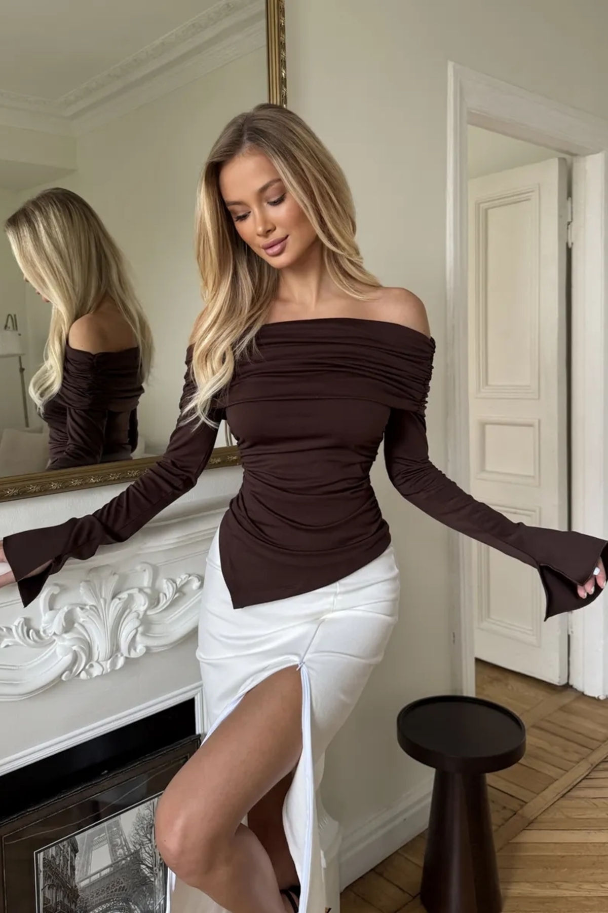 World Fashion Trends  DOĞAL VİSKON KUMAŞ ETEĞİ ÜÇGEN UZUN KOLLU ESNEK BLUZ WFT9263 - Görsel 7