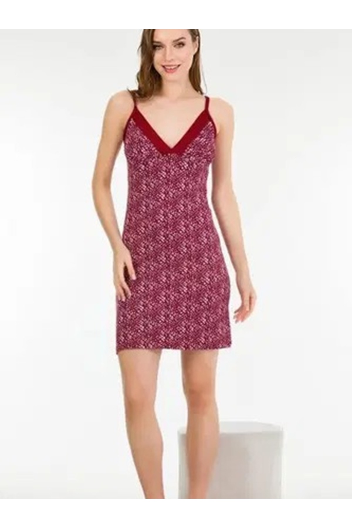 aynora Kadın Askılı Desenli Bordo Penye Gecelik