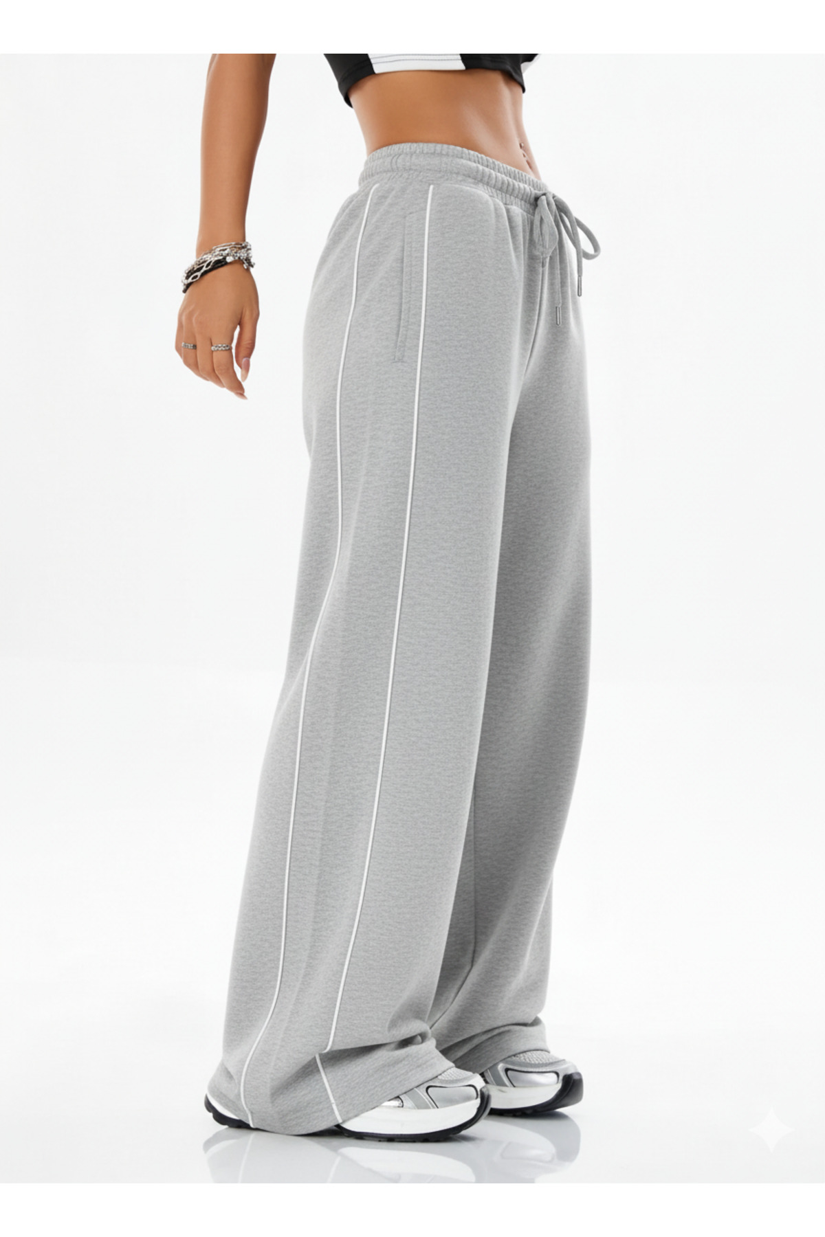 De Carte  Kadın Oversize Bol Kesim Zip Side Yan İnce Çift Çizgili Pantolon Tarz Eşofman Altı - Görsel 2