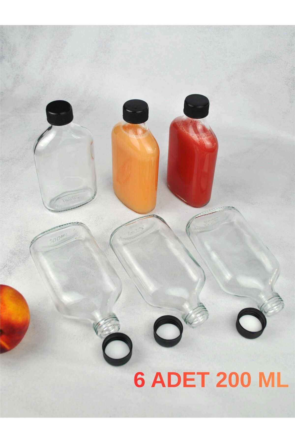 Qualitev 6'lı Sızdırmaz Siyah Kapaklı Cam Detoks Şişesi Cold Brew Yassı Şişe Seti - 200 Ml