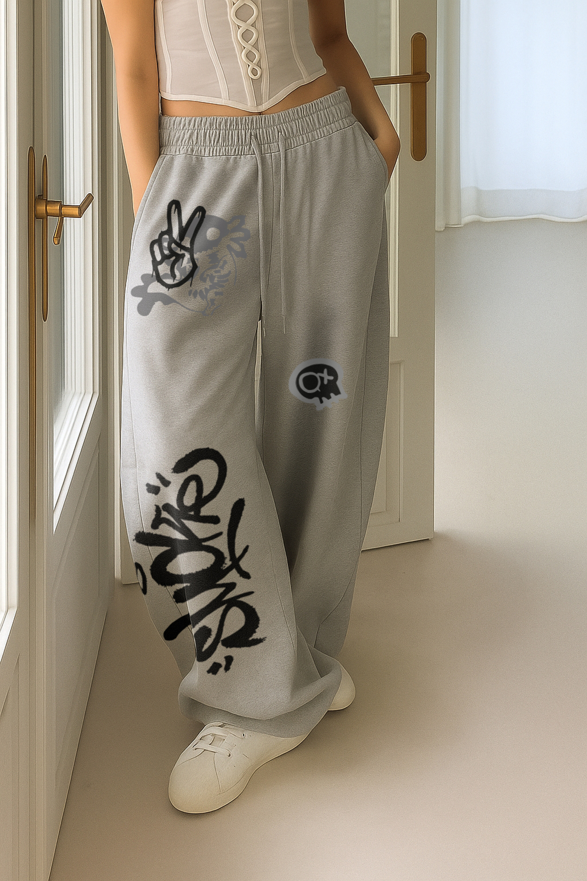 De Carte  2li Grafiti Smk Axolotl Baskılı Oversize Bol kesim Siyah&Gri Kadın Eşofman Altı - Görsel 3