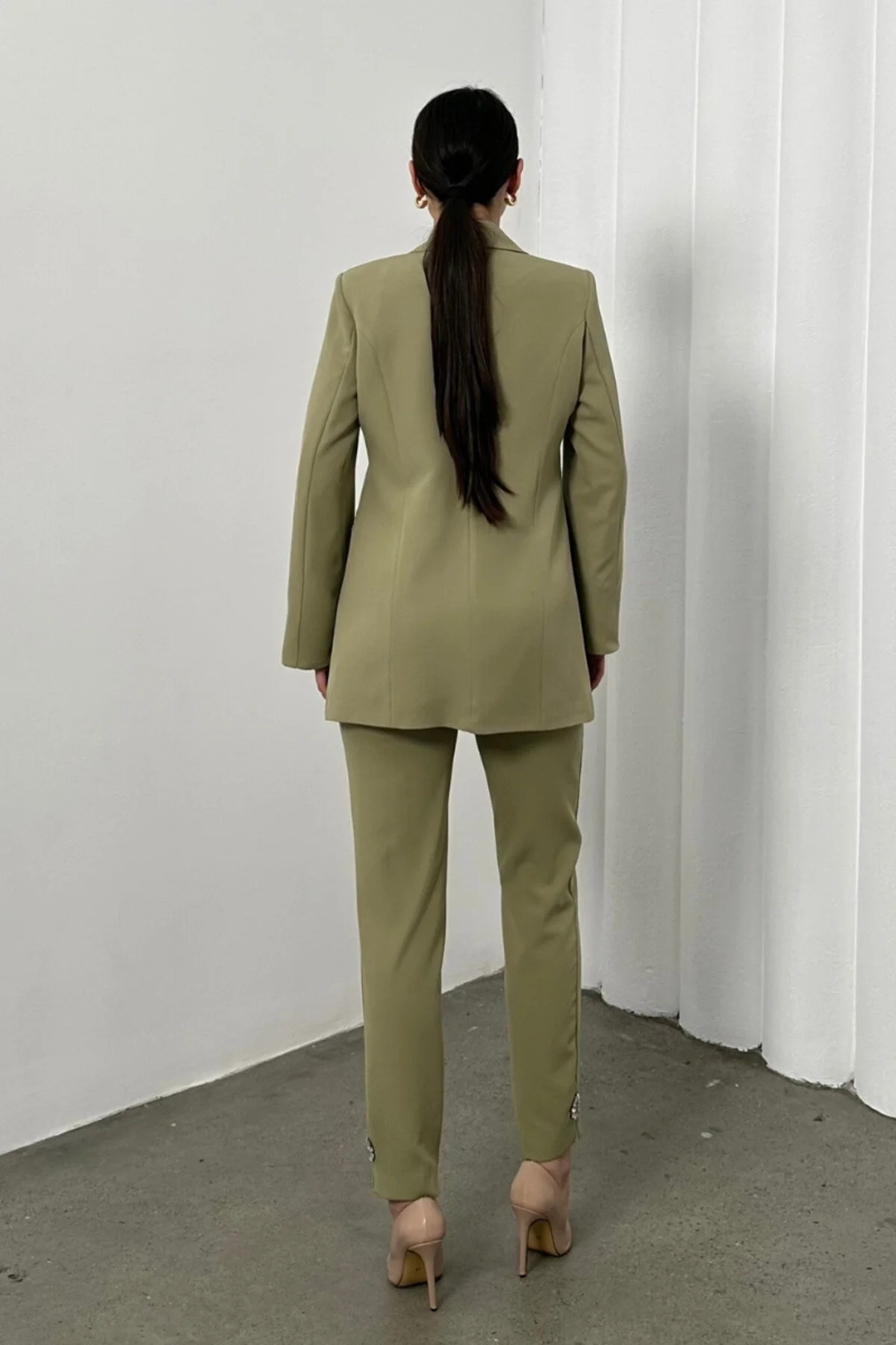 Women's Khaki Two-Piece Straight-Leg Blazer & Trousers Set - Görsel 7