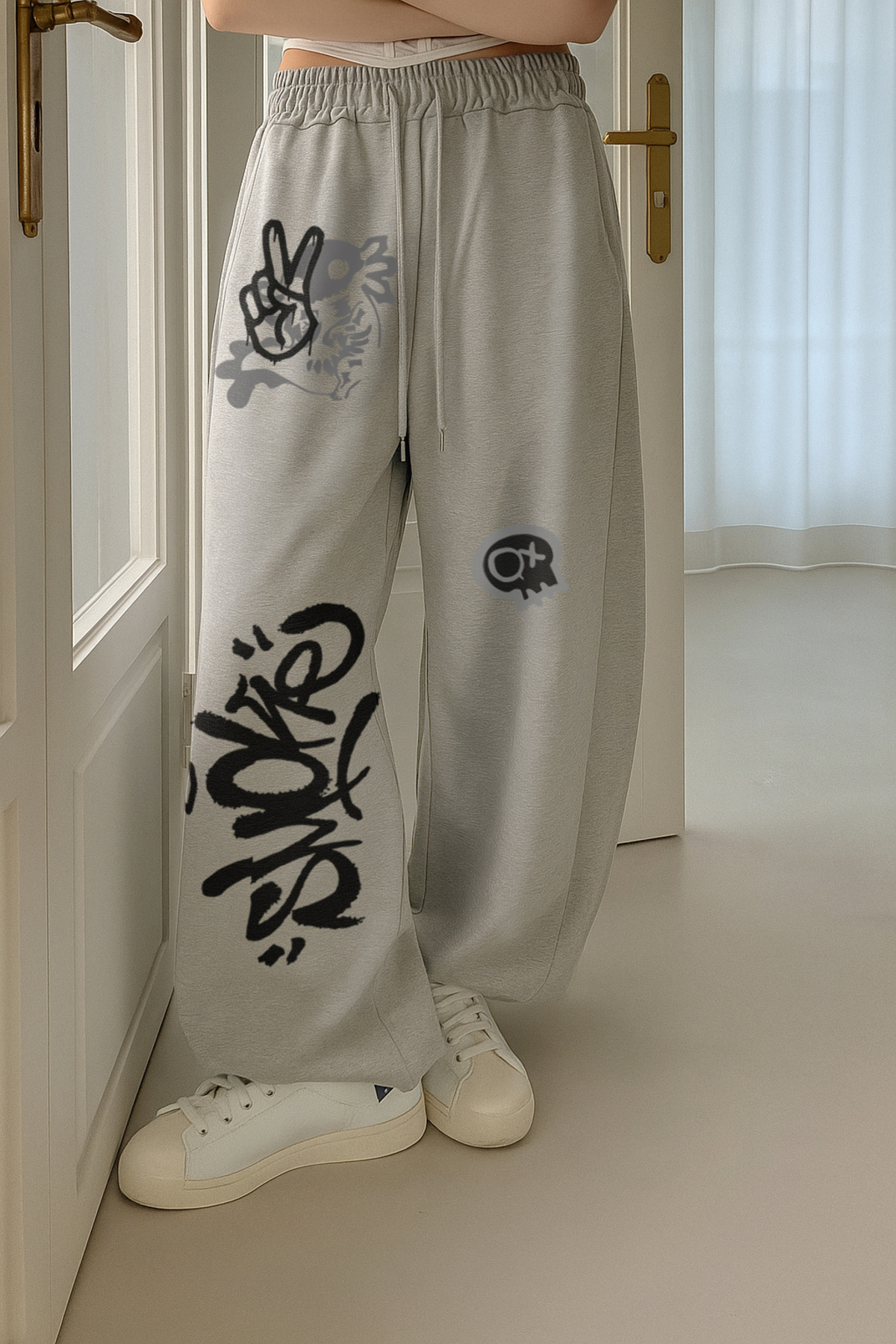 De Carte  2li Grafiti Smk Axolotl Baskılı Oversize Bol kesim Siyah&Gri Kadın Eşofman Altı - Görsel 5