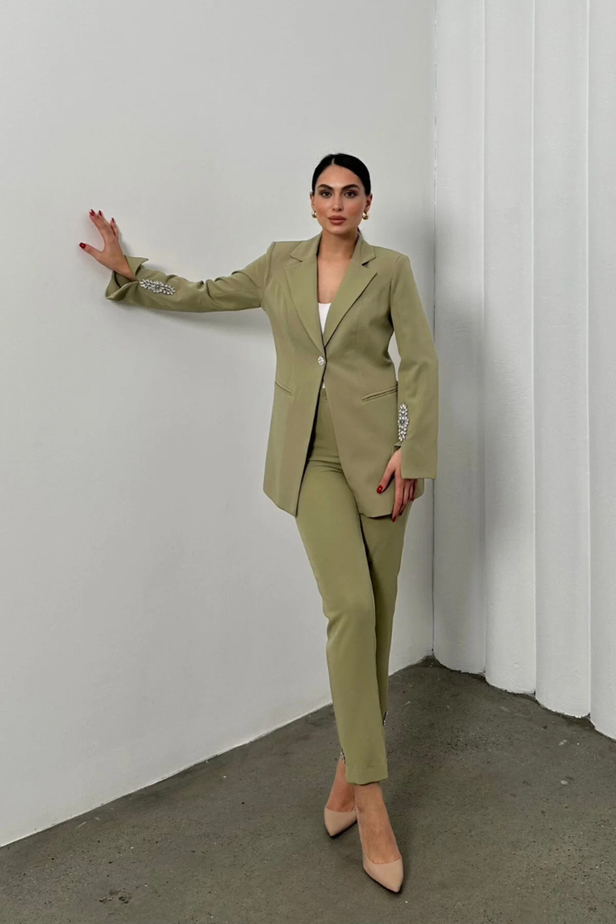 Women's Khaki Two-Piece Straight-Leg Blazer & Trousers Set - Görsel 3