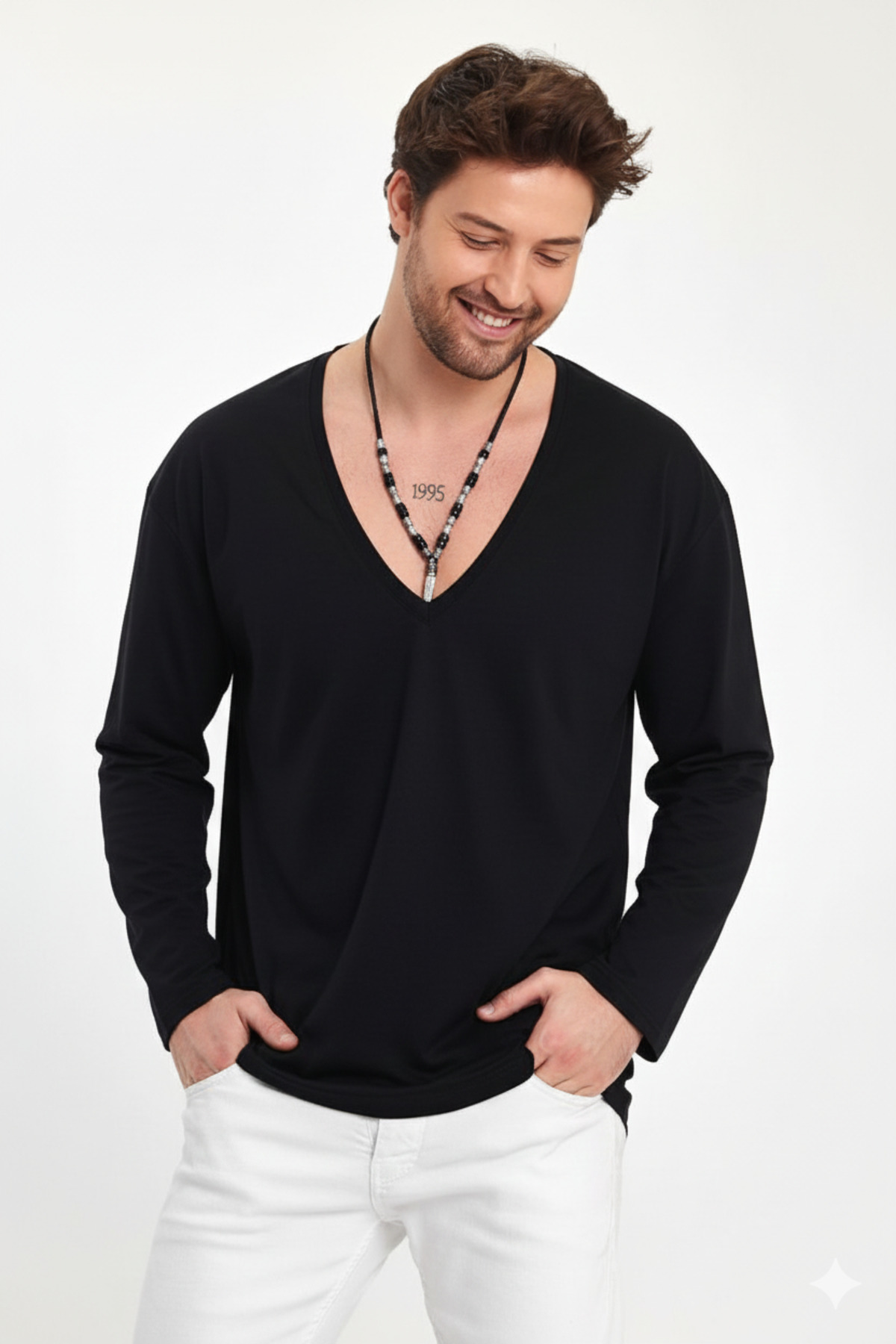 BABBOSS Deep V Neck Long Sleeve Super Oversized Cut T-Shirt- Trendyol