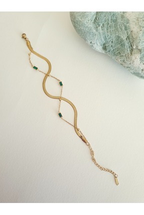 Karanfil Co Yeşil Taşlı İkili İtalyan Zincir Zarif Kadın Çelik Bileklik Altın...