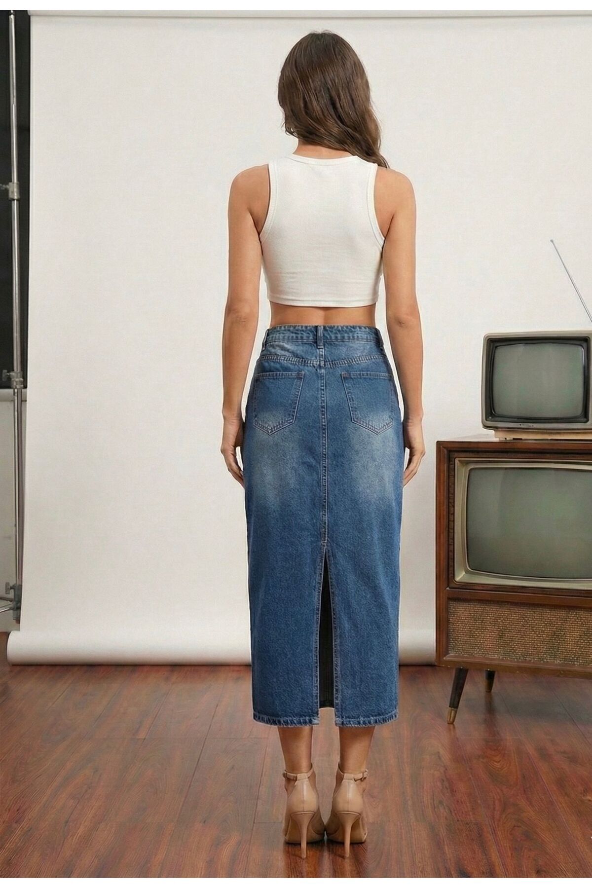 Ore design  Vintage Mavi Yıpratmalı Kadın Yüksek Bel Klasik 5 Cep Denim Etek OYOK26ET2215 - Görsel 3