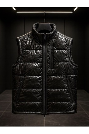 AĞIRTAŞ Erkek Siyah Parlak Ray Desen Şişme Yelek Polar İç Astarlı Kışlık Prem...