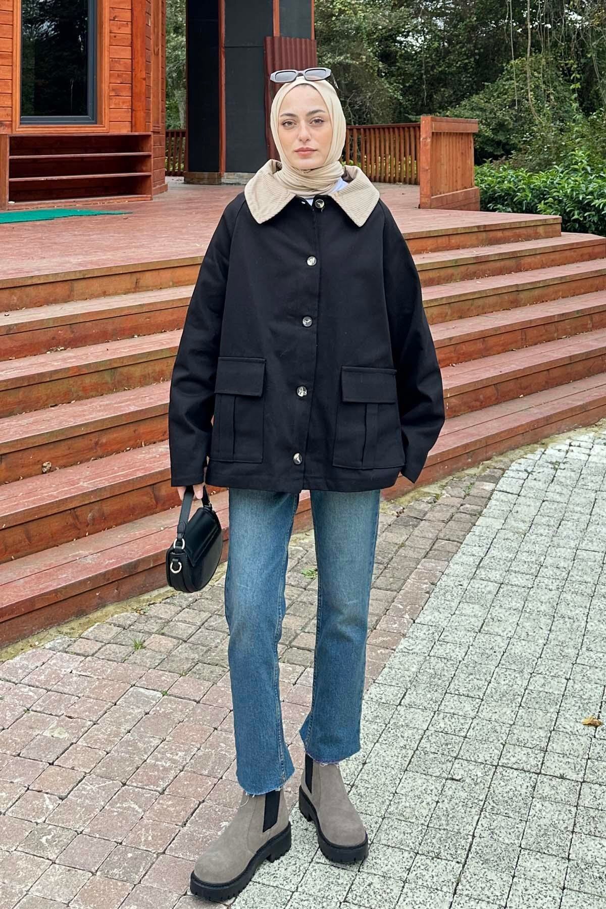 Lamelif  Yaka Detaylı Düğmeli Gabardin Ceket Siyah