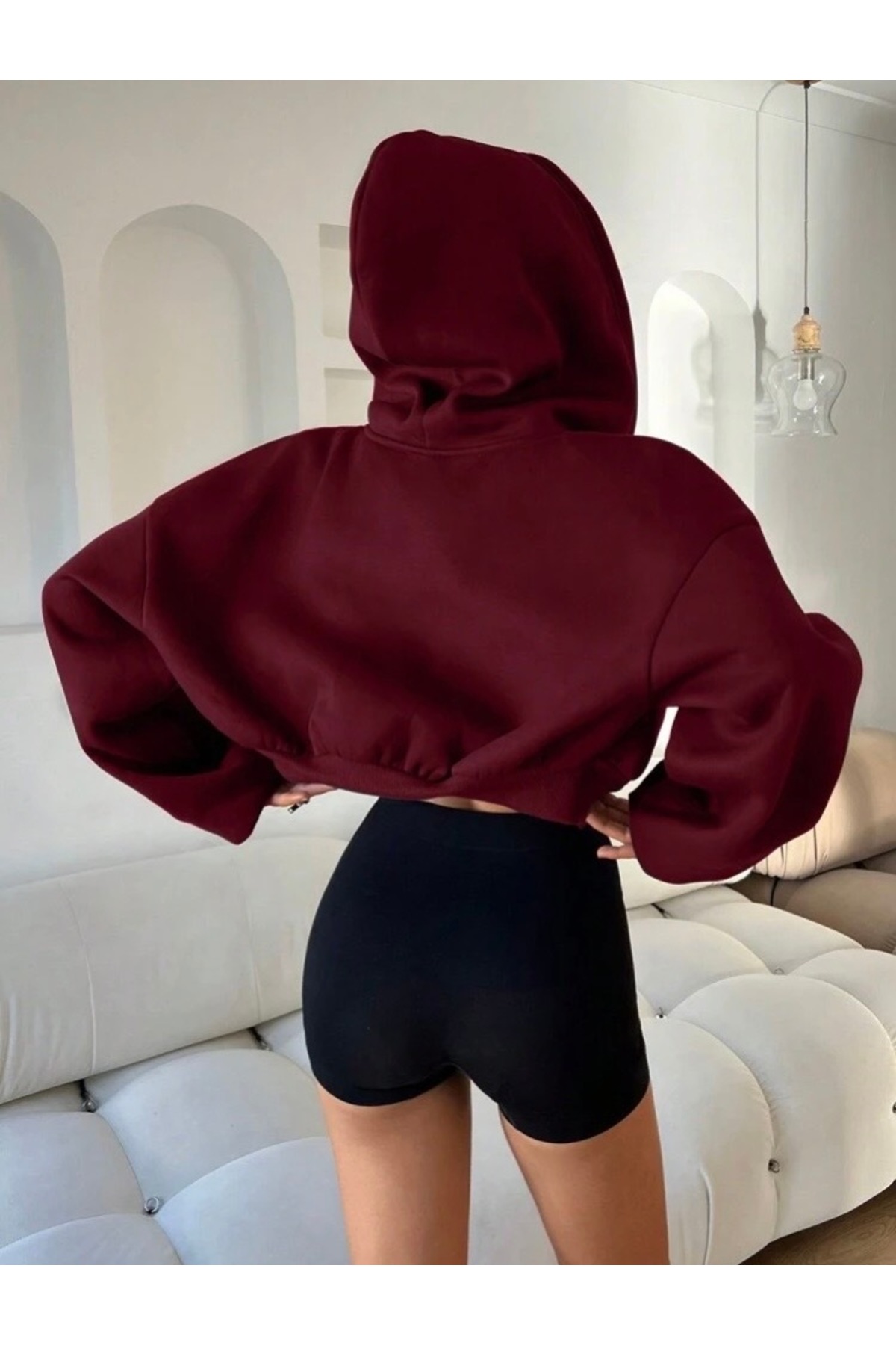 BYMEER  Bordo Kapşonlu Fermuarlı Crop Sweatshirt Hırka - Görsel 4