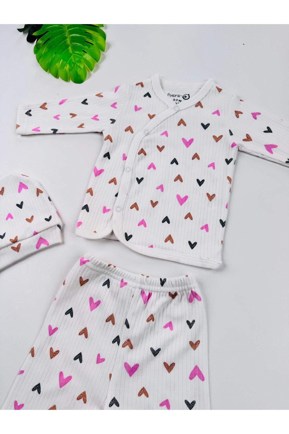 EFU BABY 3lü Kalp Desenli Bereli Kız Bebek Yenidoğan Zıbın Set fotoğrafı 4 (önizleme)