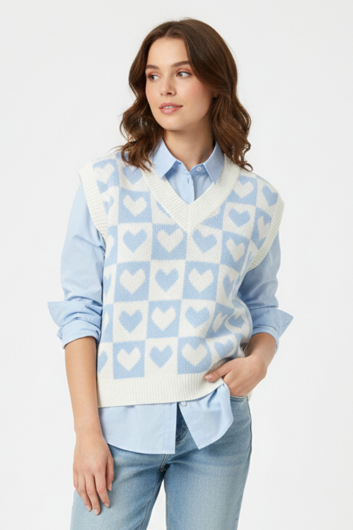Women's Blue White Heart And Checker Pattern Knitwear Sweater