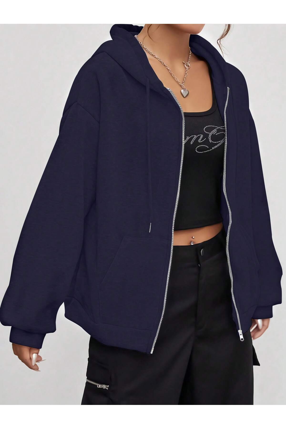 EYAX MODA  KADIN FERMUARLI KAPŞONLU CEKET - Görsel 4