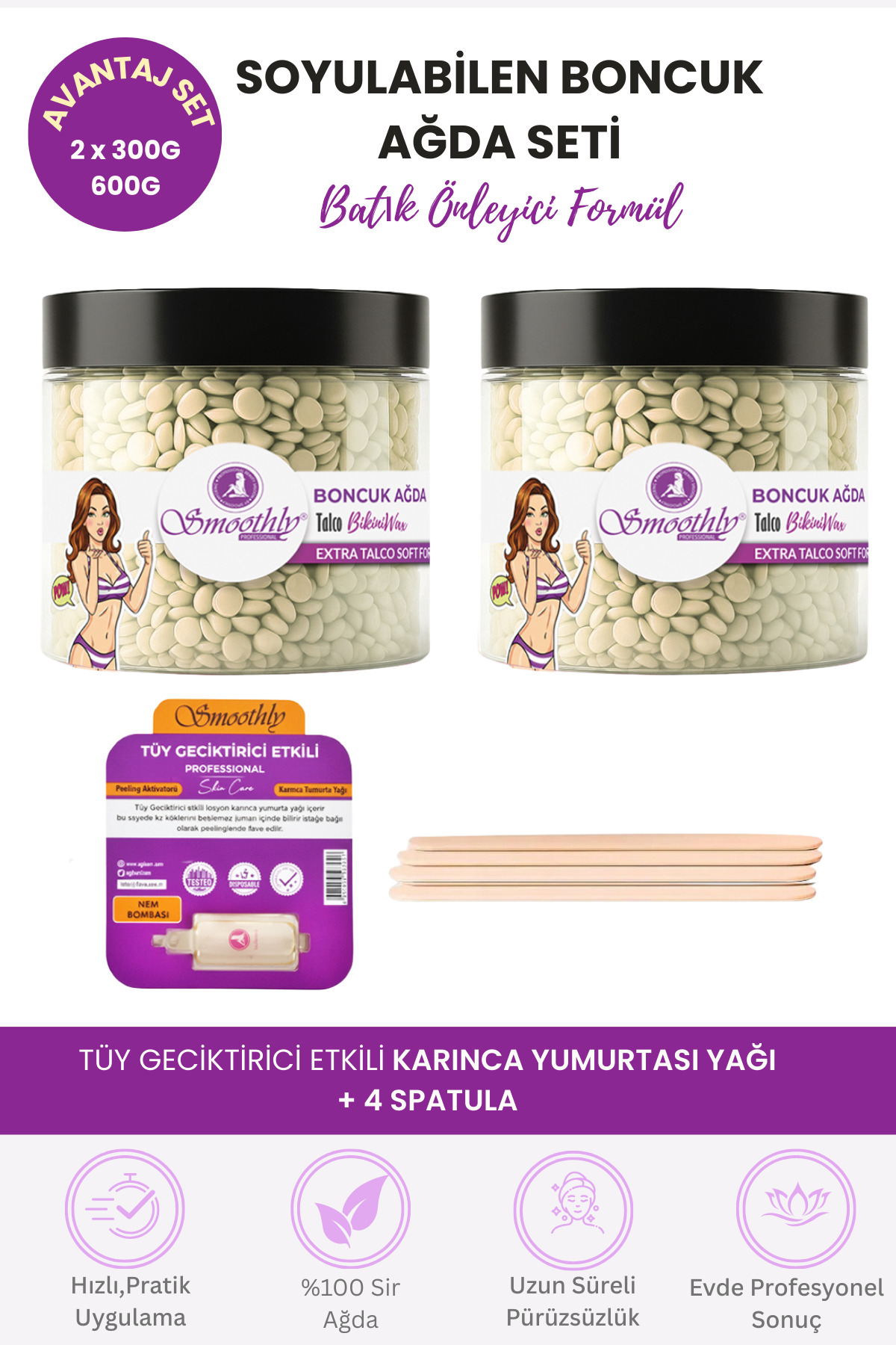 Smoothly 2 Adet Talco Soyulabilen Boncuk Ağda 600g+Karınca Yumurta Yağ + 4 Spatula - Yedek Set — 300g-Boncuk-Talco