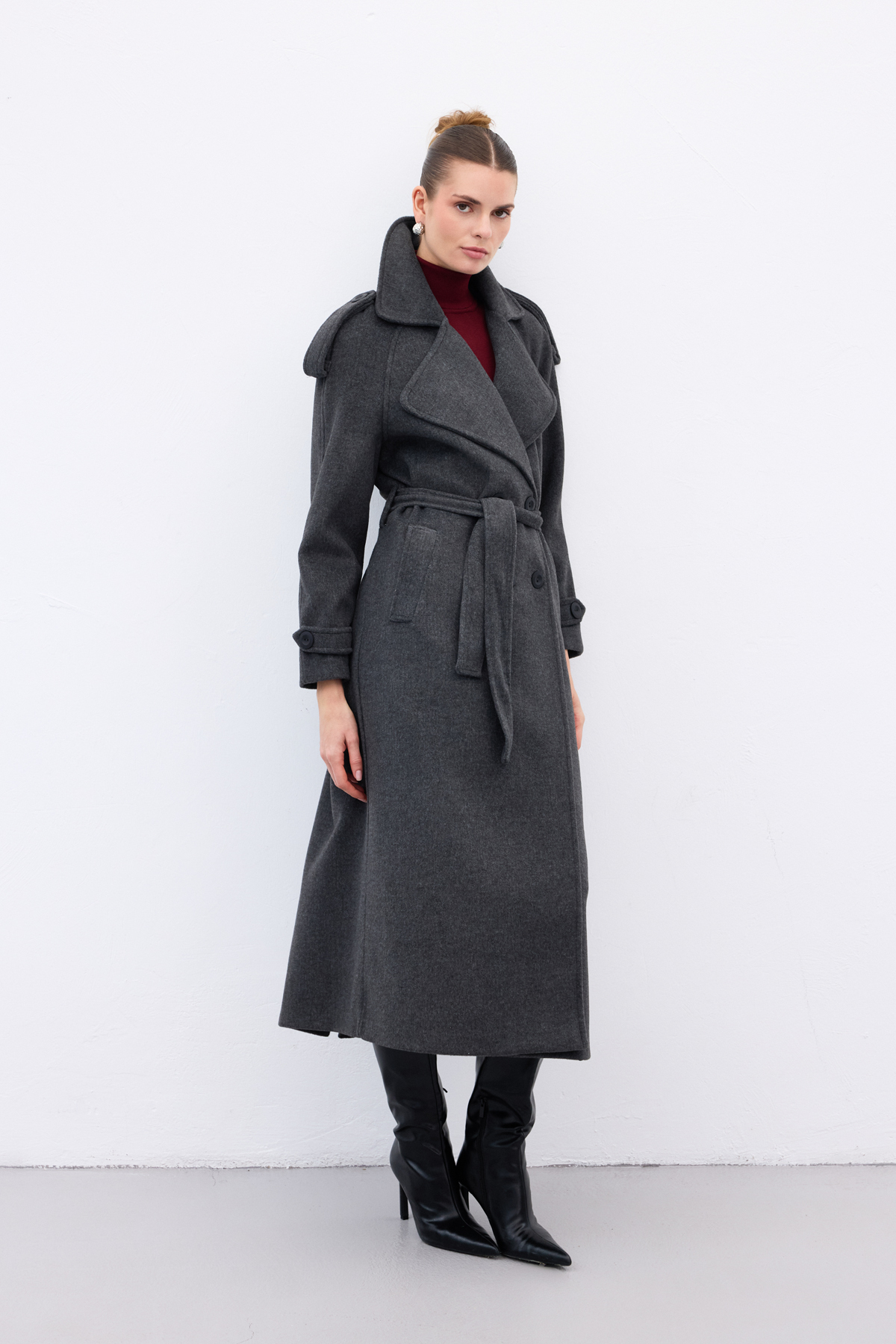 Sateen  Geniş Yaka Uzun Kaban - Antrasit - Görsel 5