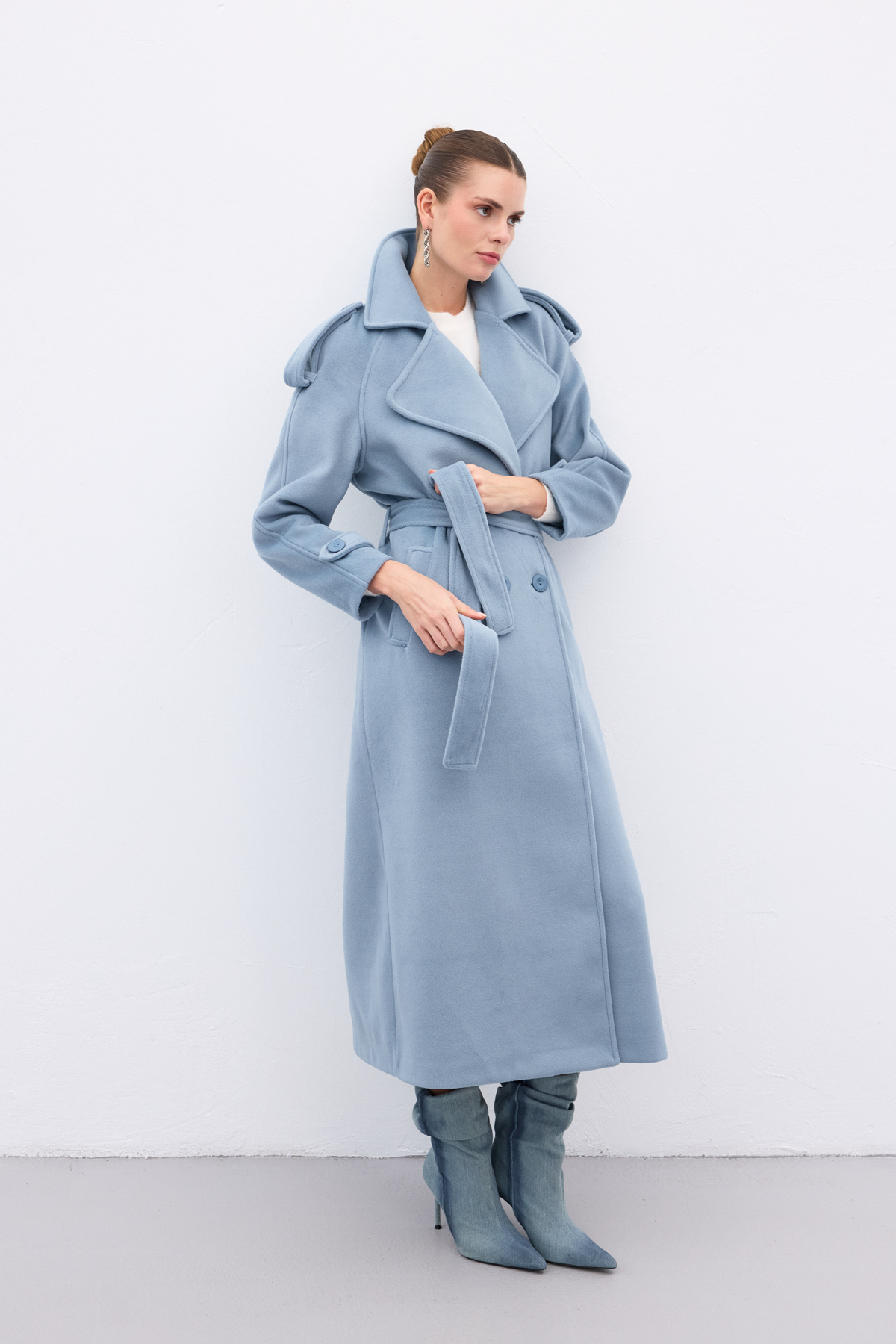 Sateen  Geniş Yaka Uzun Kaban - Mavi - Görsel 6