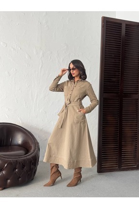 Miss Prova Kuşaklı Düğmeli Cep Detaylı Uzun Denim Elbise MISSELB942