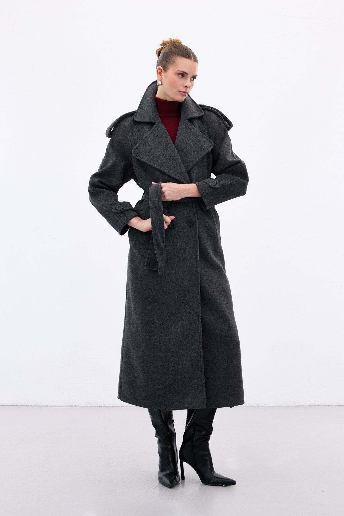 Sateen  Geniş Yaka Uzun Kaban - Antrasit - Görsel 3