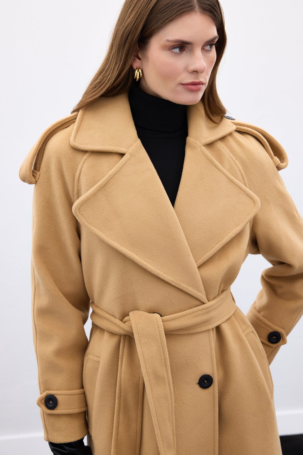 Sateen Geniş Yaka Uzun Kaban - Camel görsel 7