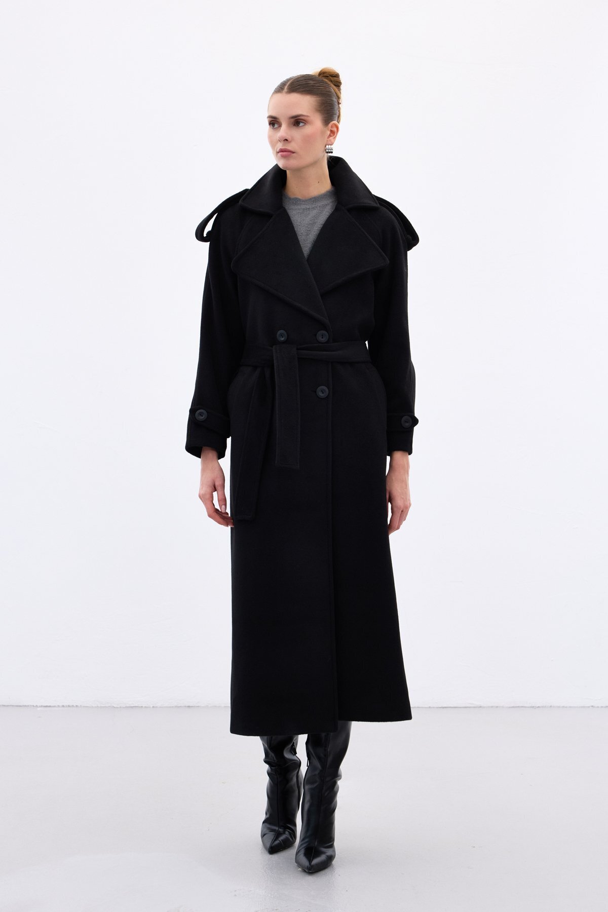 Sateen  Geniş Yaka Uzun Kaban - Siyah - Görsel 8