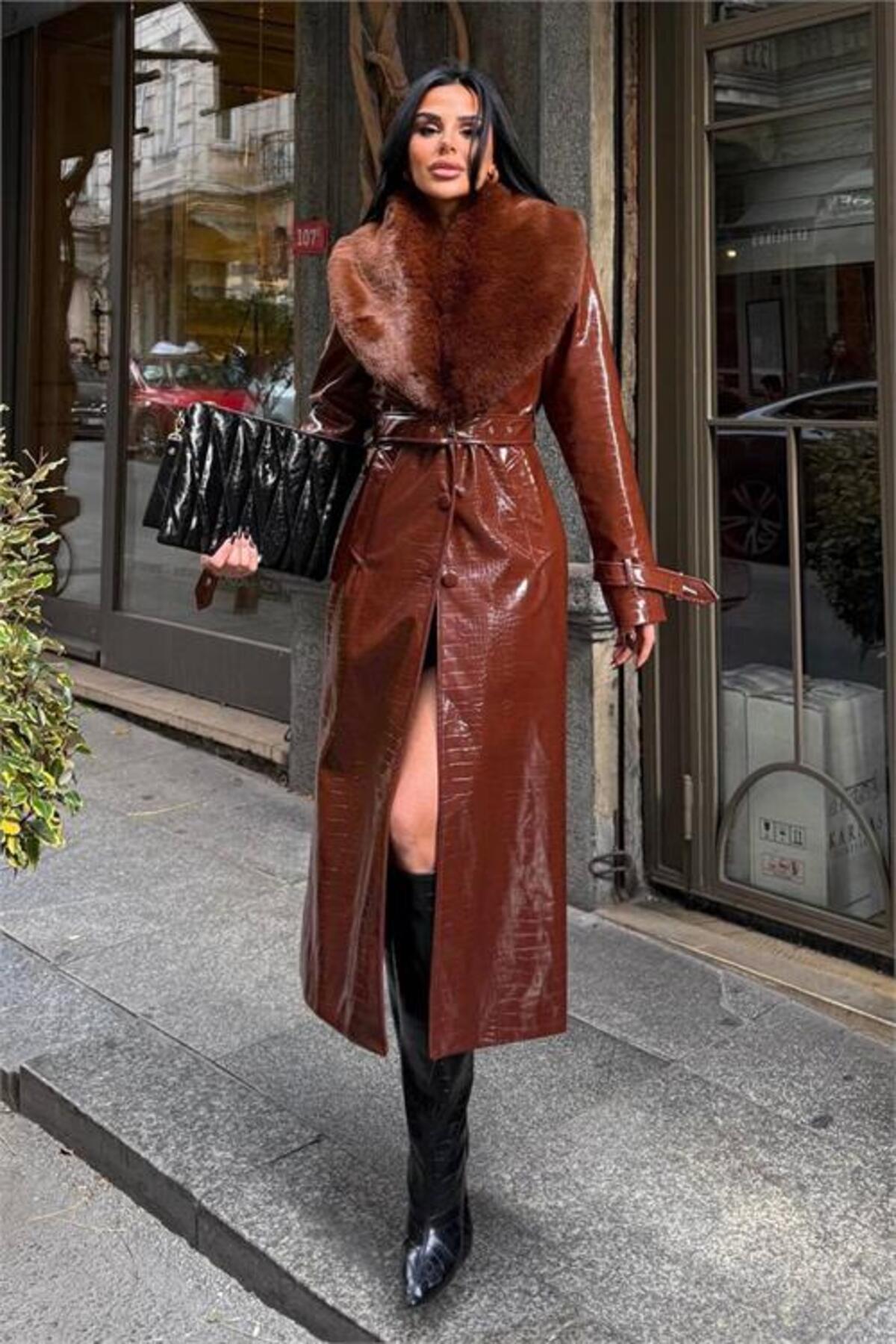 women's croco leather collar removable fur detail belted full length coat NBSTR1040