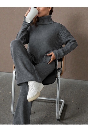 NEWCO Kadın Fitilli Yaka Saç örgü desenli Yanlardan yırtmaçlı Triko Takım Ant...