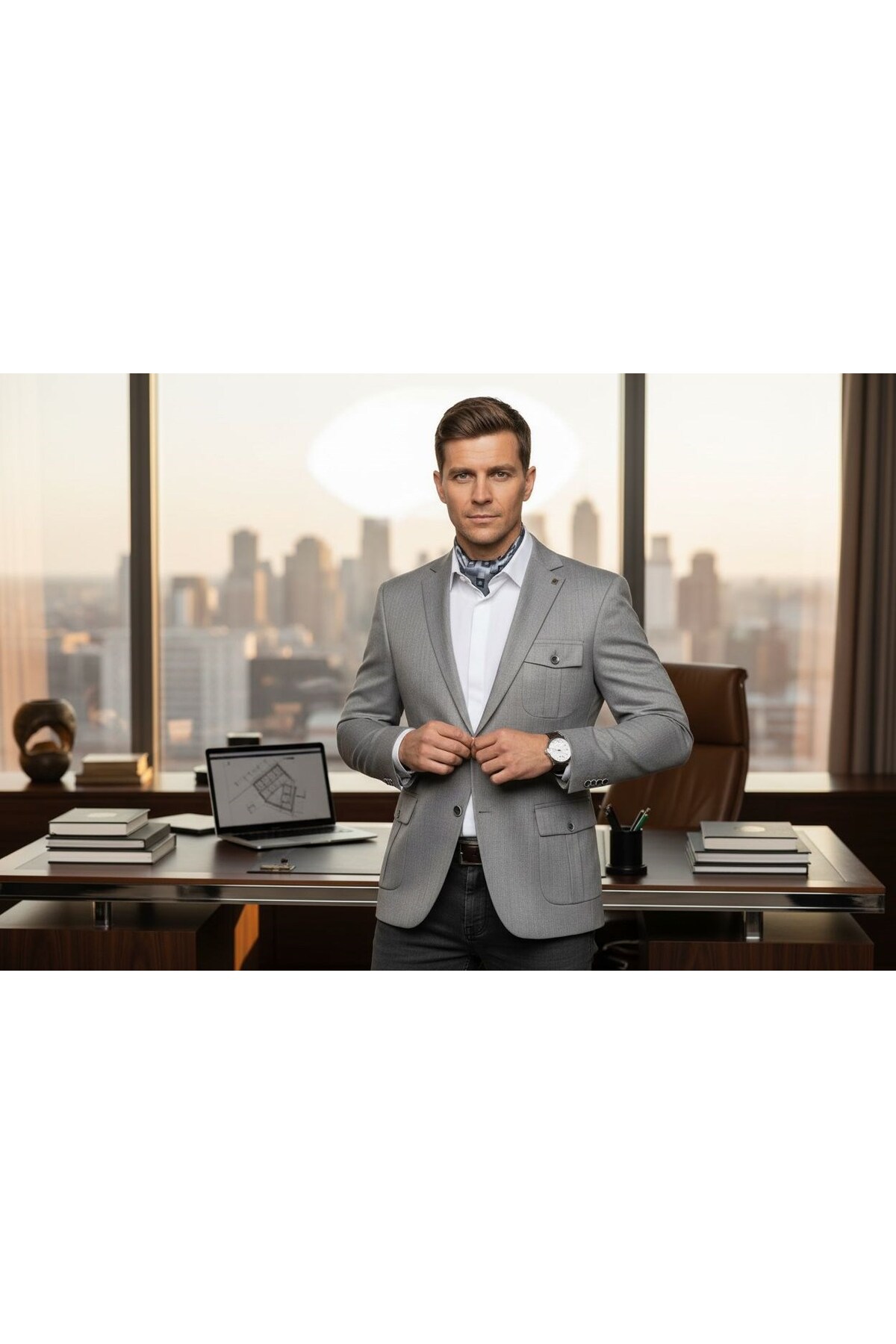 Plus Scorpion  Erkek Slim Fit Gri Blazer Ceket – Tek Düğmeli – Kapaklı Cepli – Şık Kumaş Dokulu – Günlük & Ofis Kom - Görsel 7