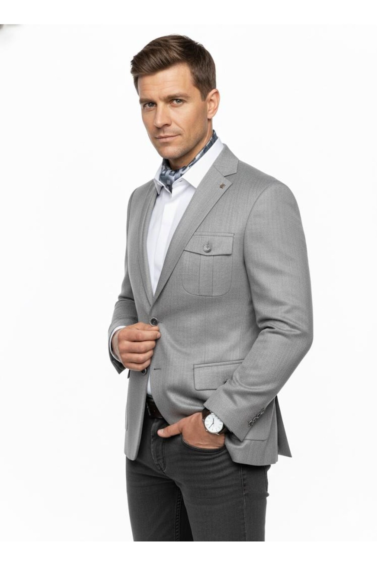 Plus Scorpion  Erkek Slim Fit Gri Blazer Ceket – Tek Düğmeli – Kapaklı Cepli – Şık Kumaş Dokulu – Günlük & Ofis Kom - Görsel 2