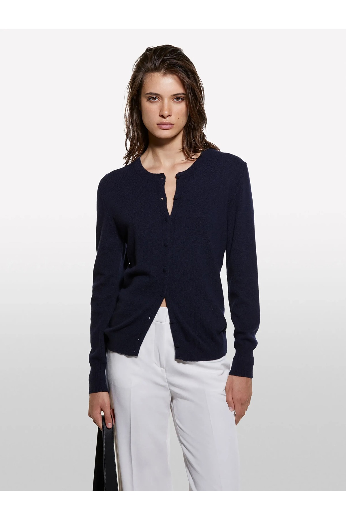 Sisley  Yün ve Kaşmir Karışımlı Ribana Detaylı Bisiklet Yaka Hırka Kadın Lacivert Hırka - 325A102HM5237 - Görsel 4