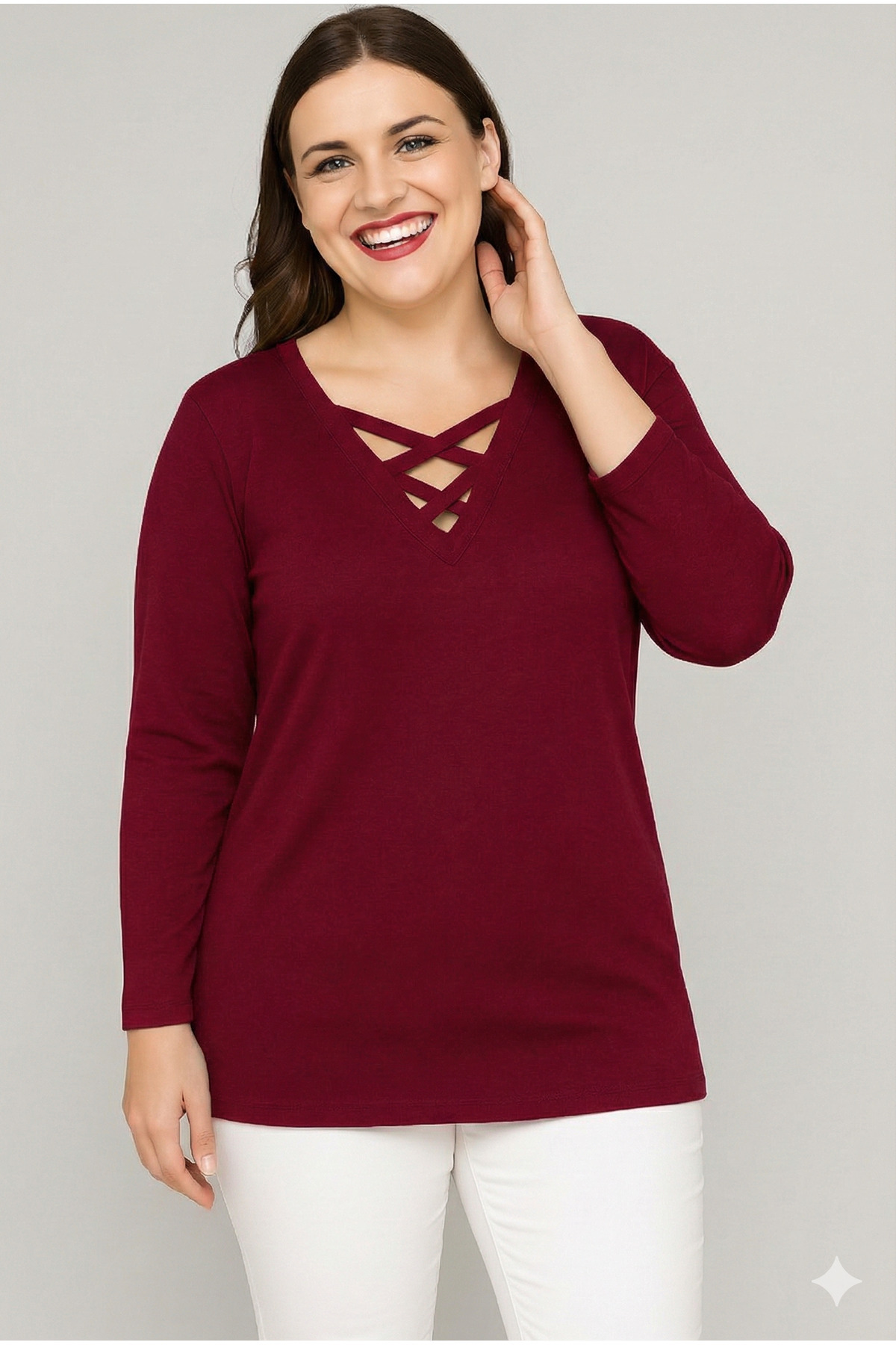 Curvy Trend Büyük Beden V Yaka Çapraz Bantlı Uzun Kol Viskon Bluz