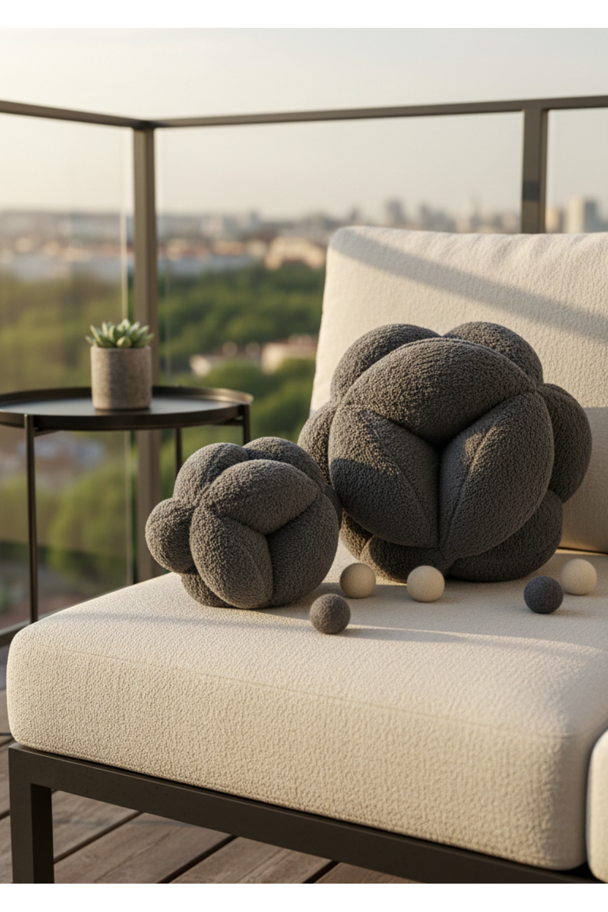 2-Piece Set | 42/25 cm Length Anthracite Welsoft Fabric Decorative Ball Pillow Curl Knot Set