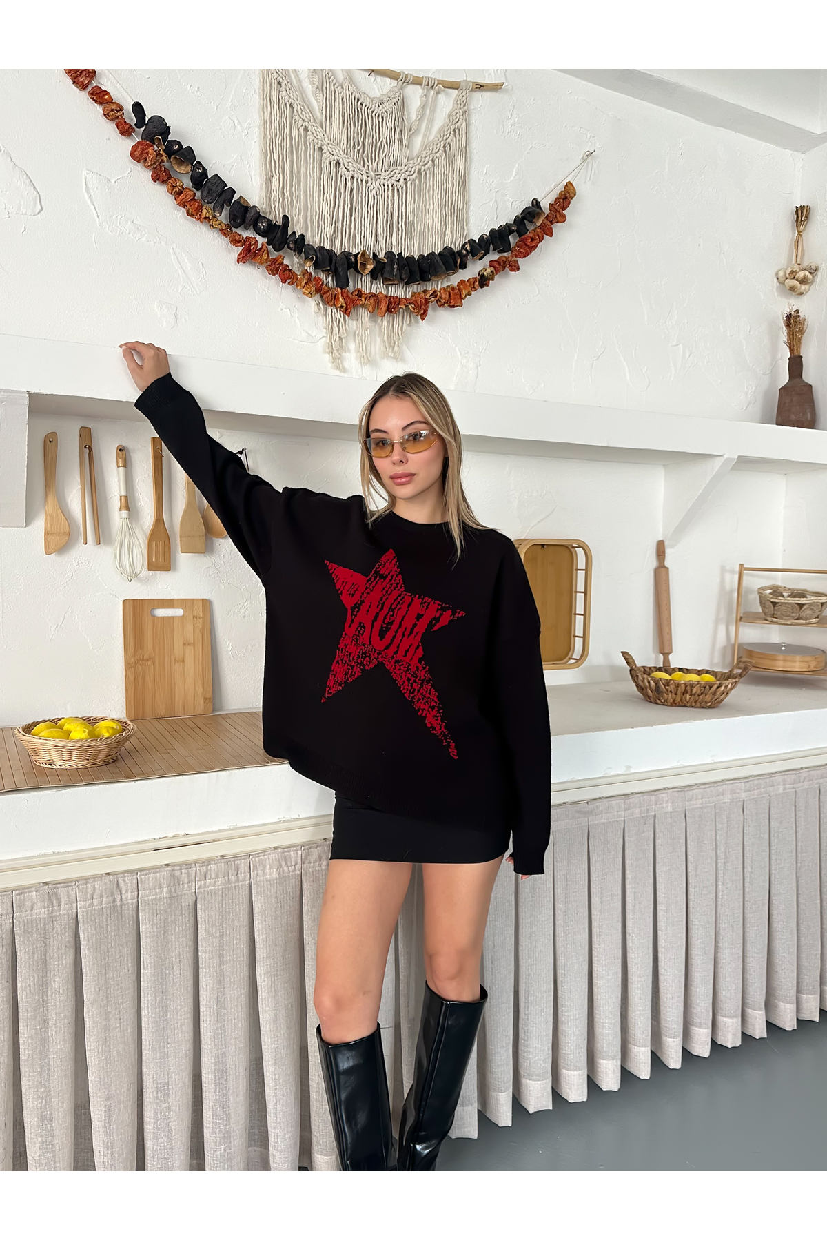 STF MODA  Kadın YILDIZ Oversize Triko Kazak - Yumuşak Dokulu Bisiklet Yaka