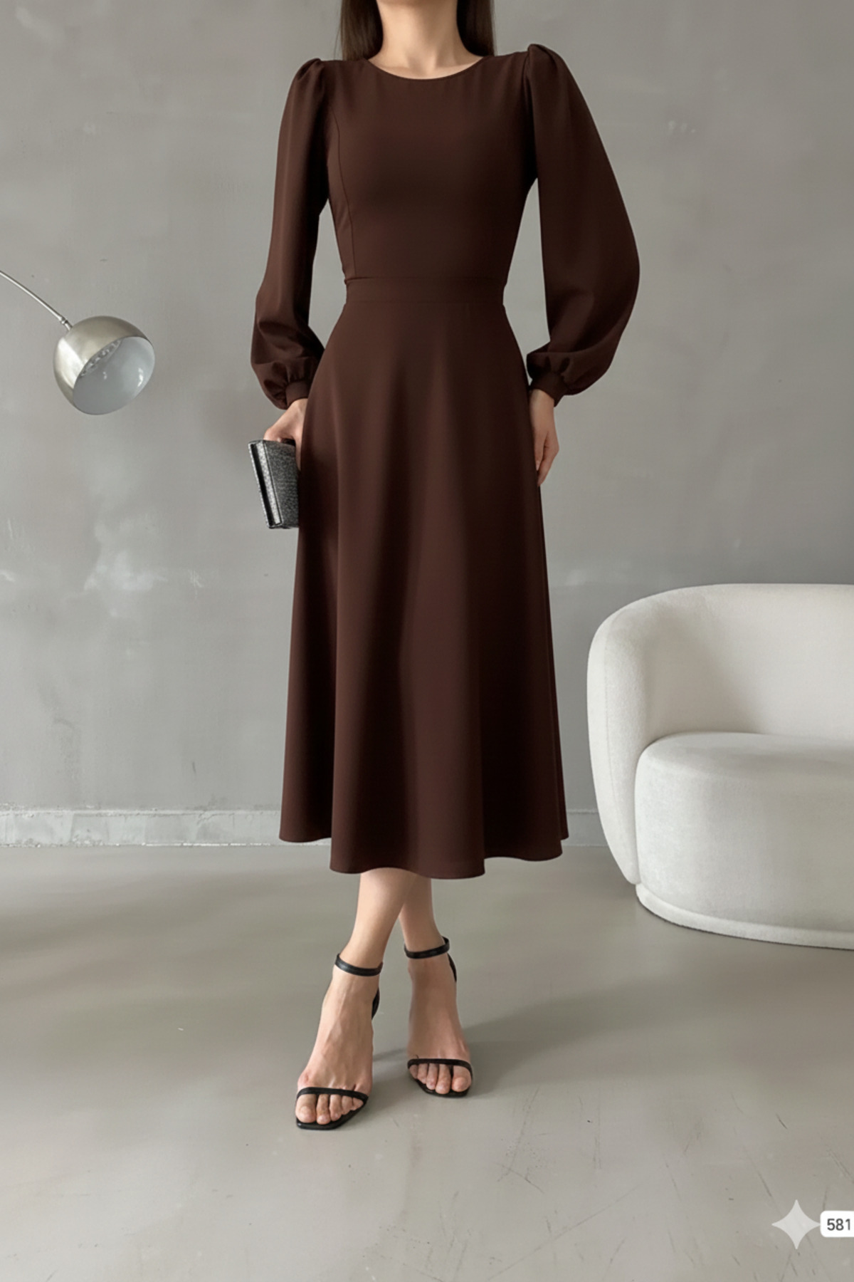 Planet Prestige  Kahverengi Balon Kol Bisiklet Yaka Midi Elbise - Görsel 2