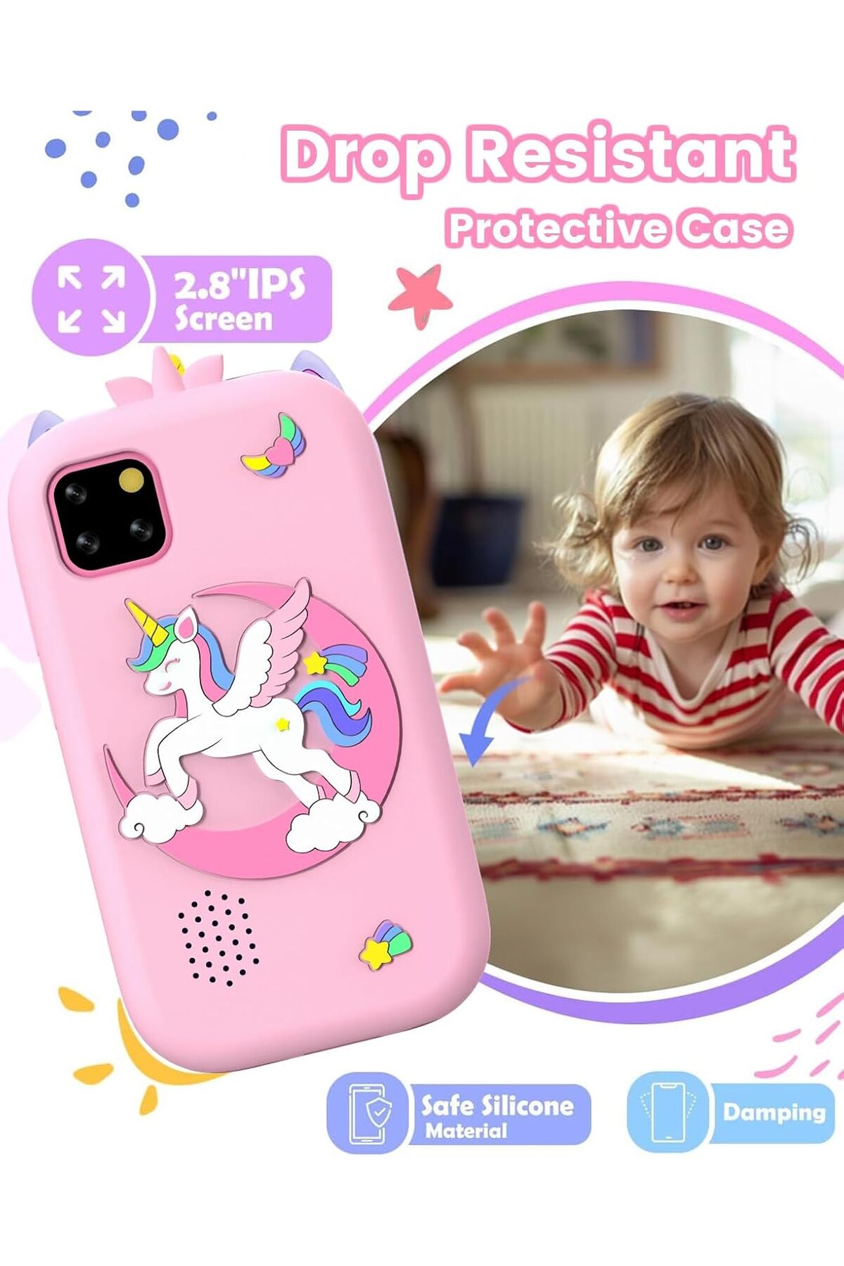 تلفن هوشمند کودکانه، دوربین‌دار، اسباب‌بازی لمسی، یونی‌کورن، آموزشی (رنگ صورتی)