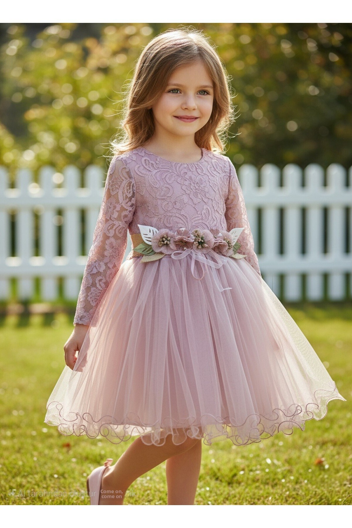 Şenkız Dívčí tylové krajkové šaty s dlouhým rukávem Eid Princess Svatební párty narozeninové šaty