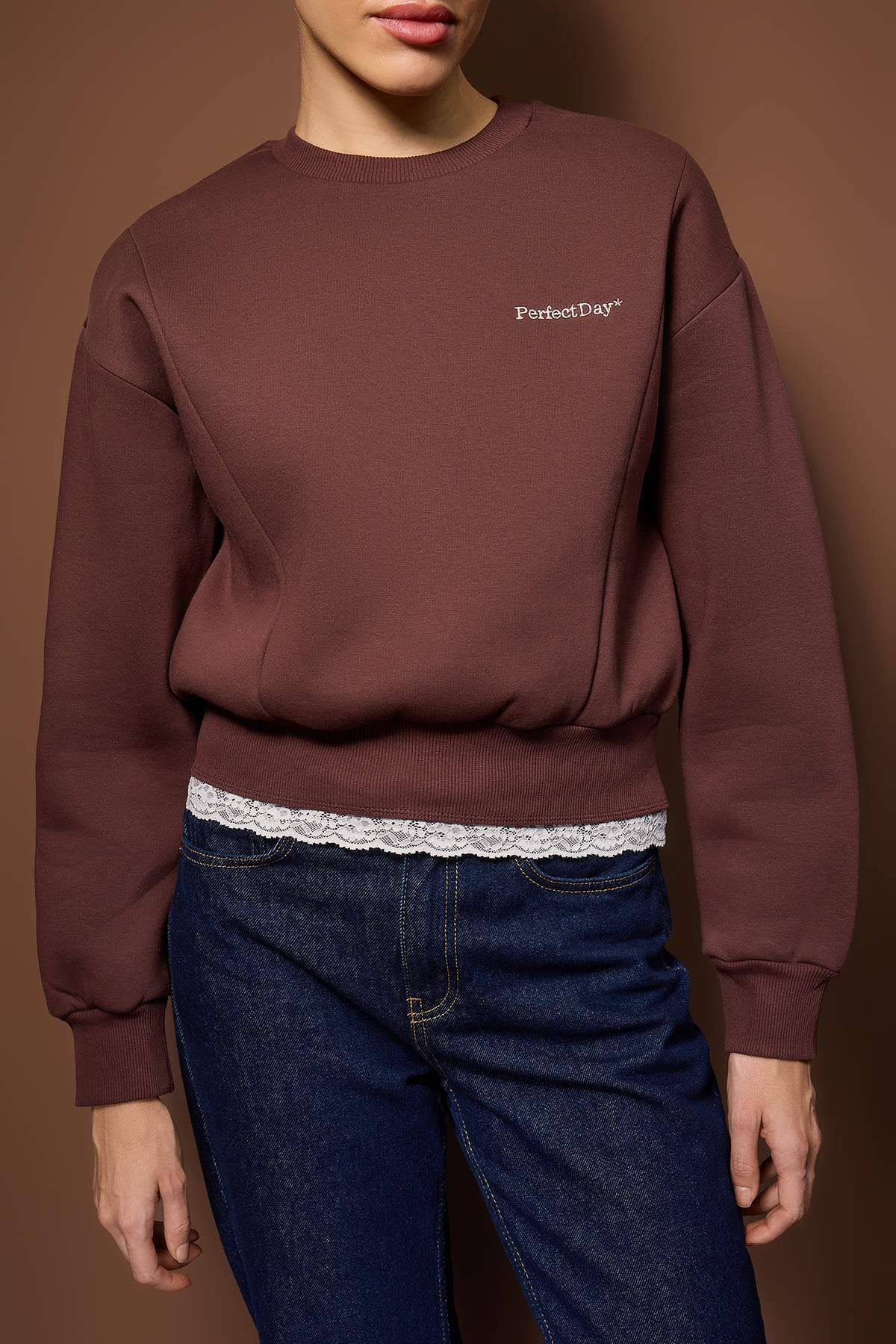 Trendyolmilla  Teen Kahverengi Regular Dantel Detaylı Slogan Nakışlı Kalın Polarlı Örme Sweatshirt TWOAW26SW00153 - Görsel 3